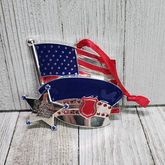 America's Flag and Cap " Be Strong and Courageous " Ornament Silver Metal - Picture 1 of 7